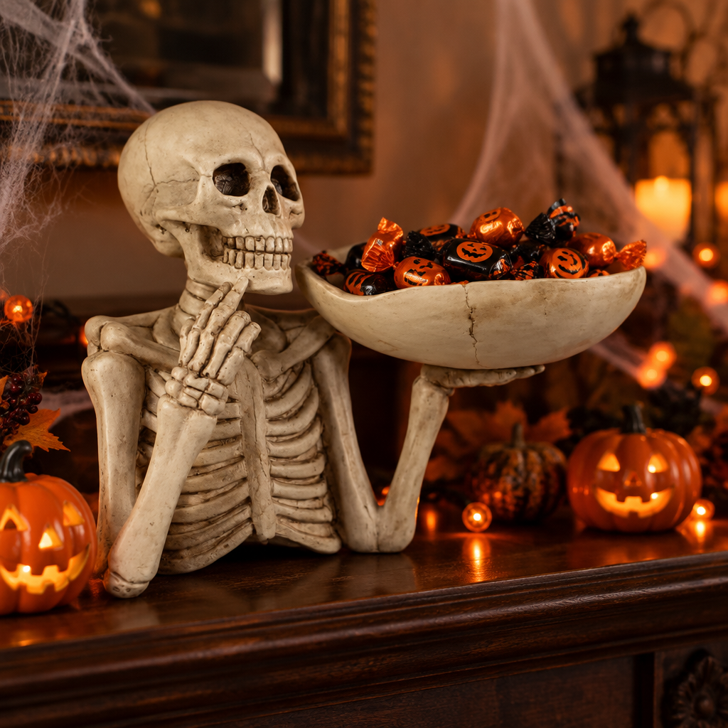 Graveplate resin skeleton candy dish filled with Halloween sweets on a mantelpiece with jack-o'-lanterns