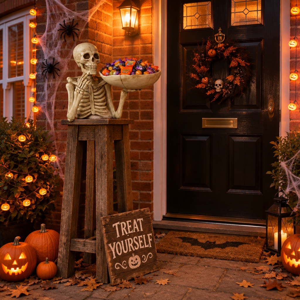Graveplate resin skeleton candy dish on a tall wooden stand by a British Halloween-decorated front porch with a Treat Yourself sign