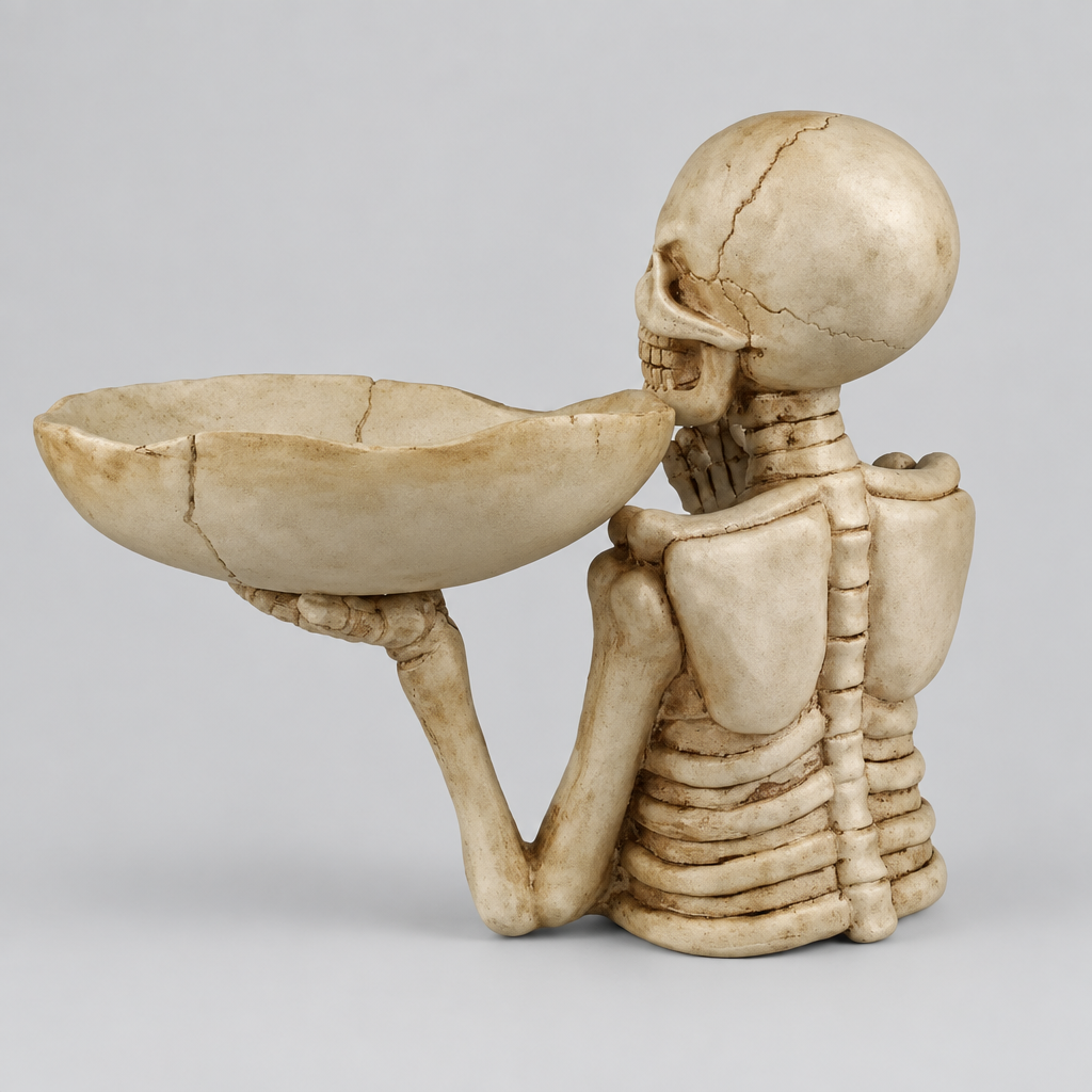Graveplate resin skeleton candy dish, side profile view