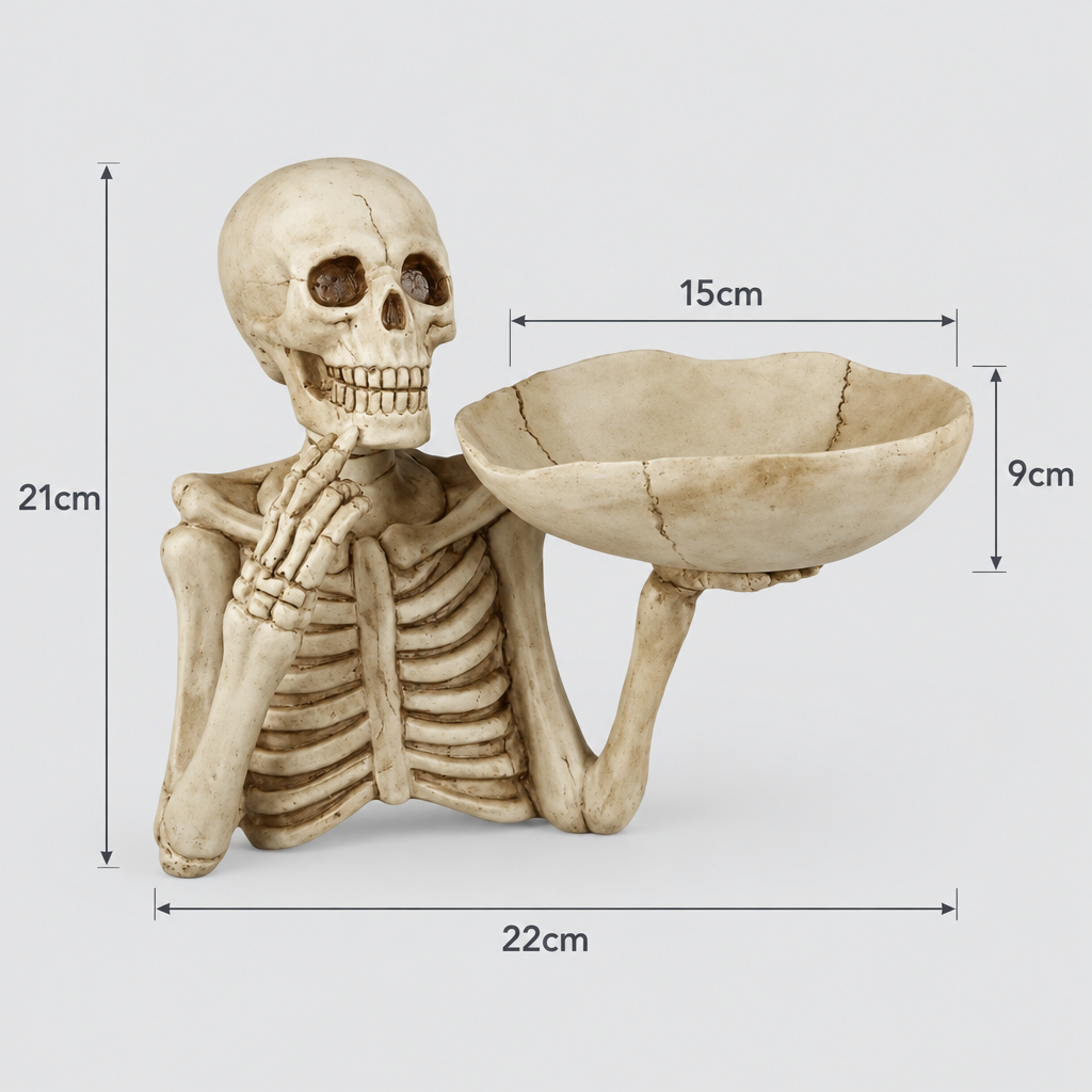 Graveplate resin skeleton candy dish size chart - 22cm long, 21cm tall, 15cm x 9cm bowl