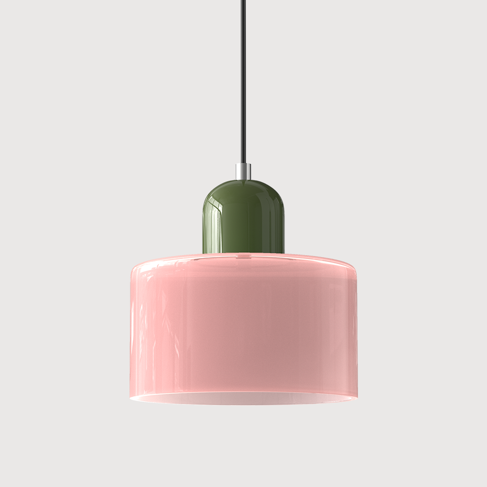 Green base and pink shade contrasting glass ceiling light