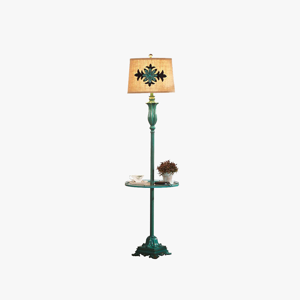 Isolated view of the vintage green floor lamp featuring a built-in circular tray table
