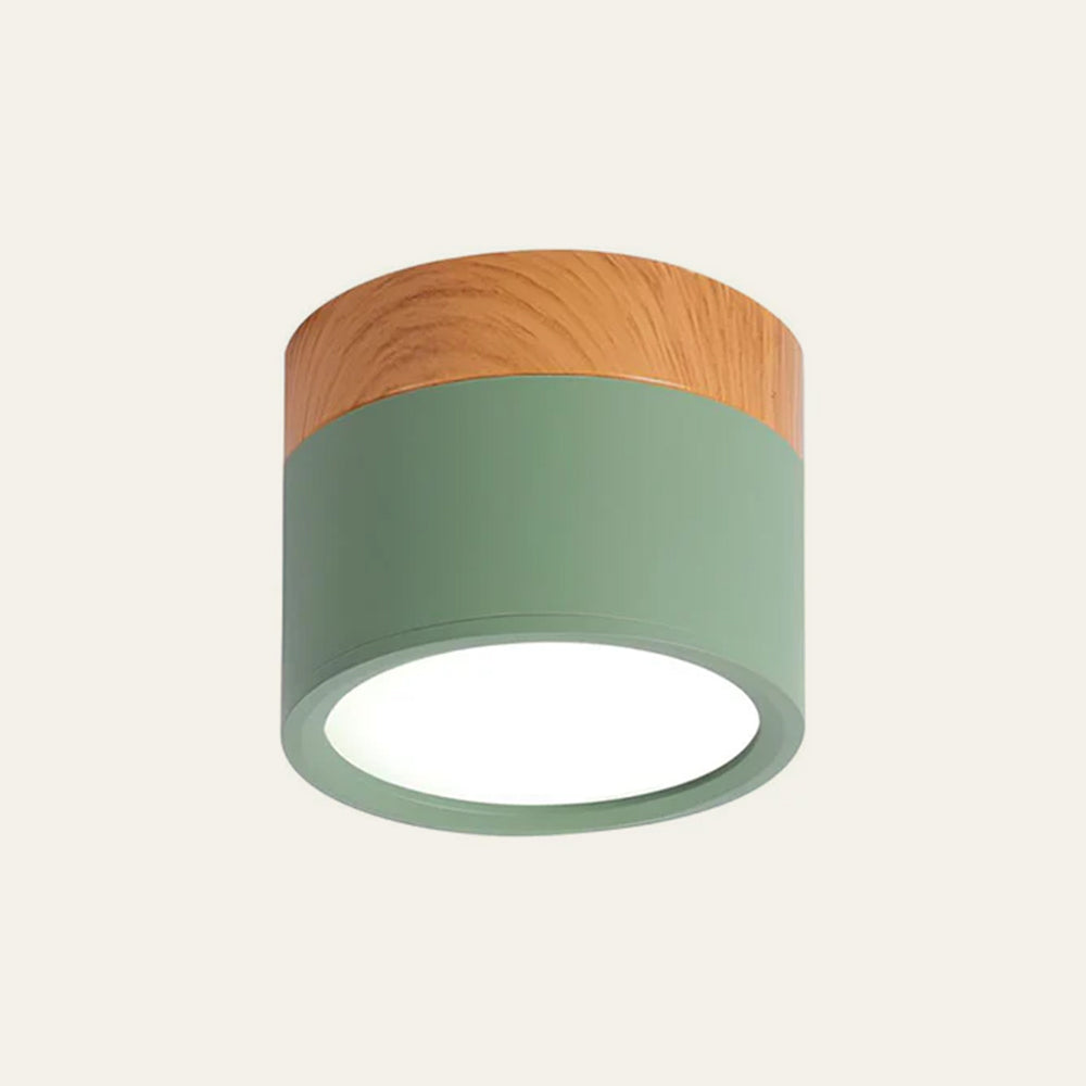 Modern green cylinder flush mount ceiling light with natural wood-effect base