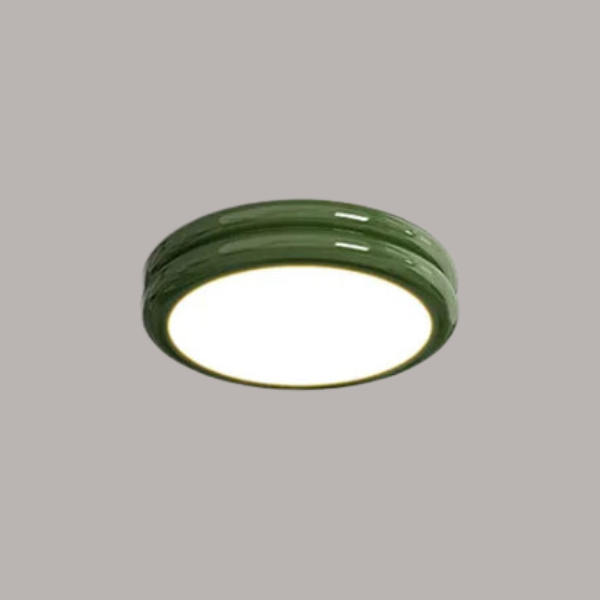 Green retro macaron ceiling lamp showcasing its beautiful double-layered glossy frame