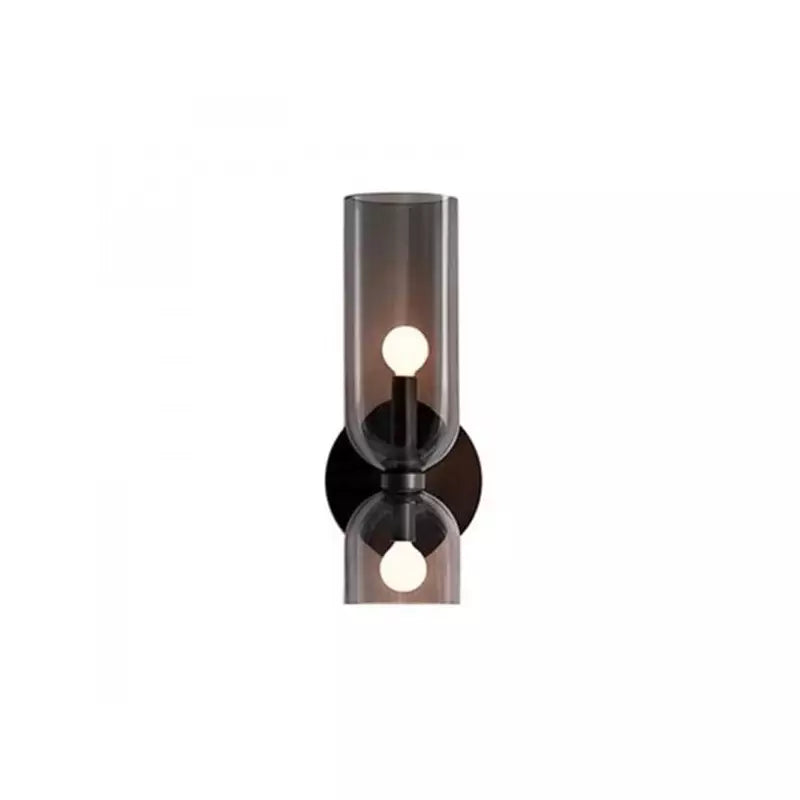 Isolated view of the grey mid-century capsule glass wall sconce with dark metal hardware