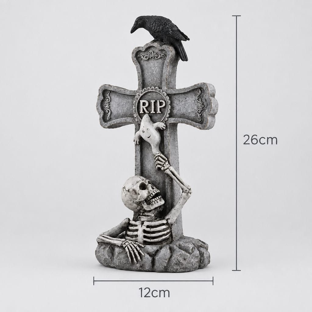 Grimslab Cross design RIP tombstone size infographic, 26cm tall x 12cm wide
