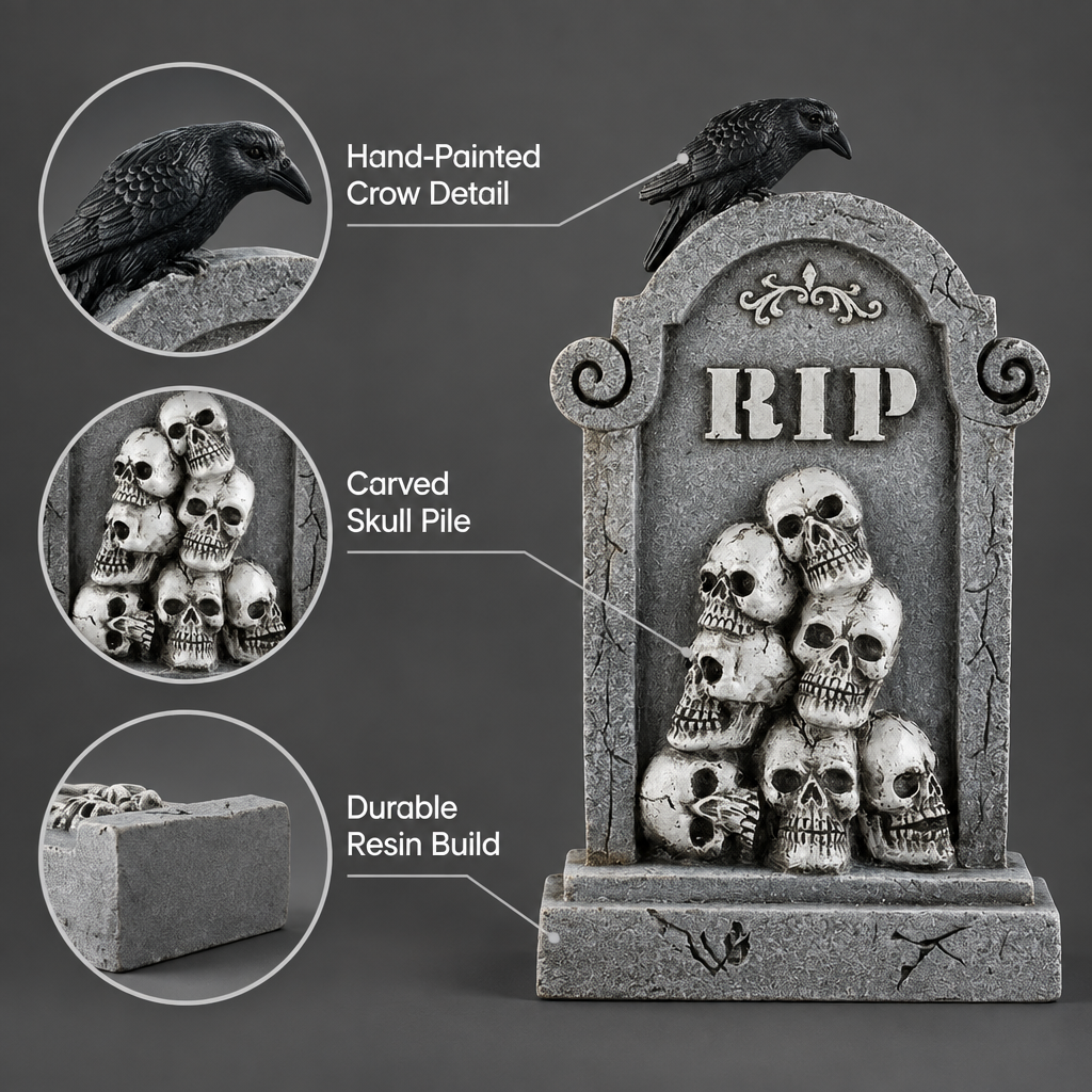 Grimslab Crow design tombstone feature infographic: hand-painted crow detail, carved skull pile, durable resin build