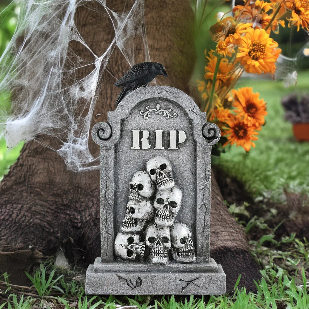 Grimslab Skull design RIP tombstone with crow and skull in a garden