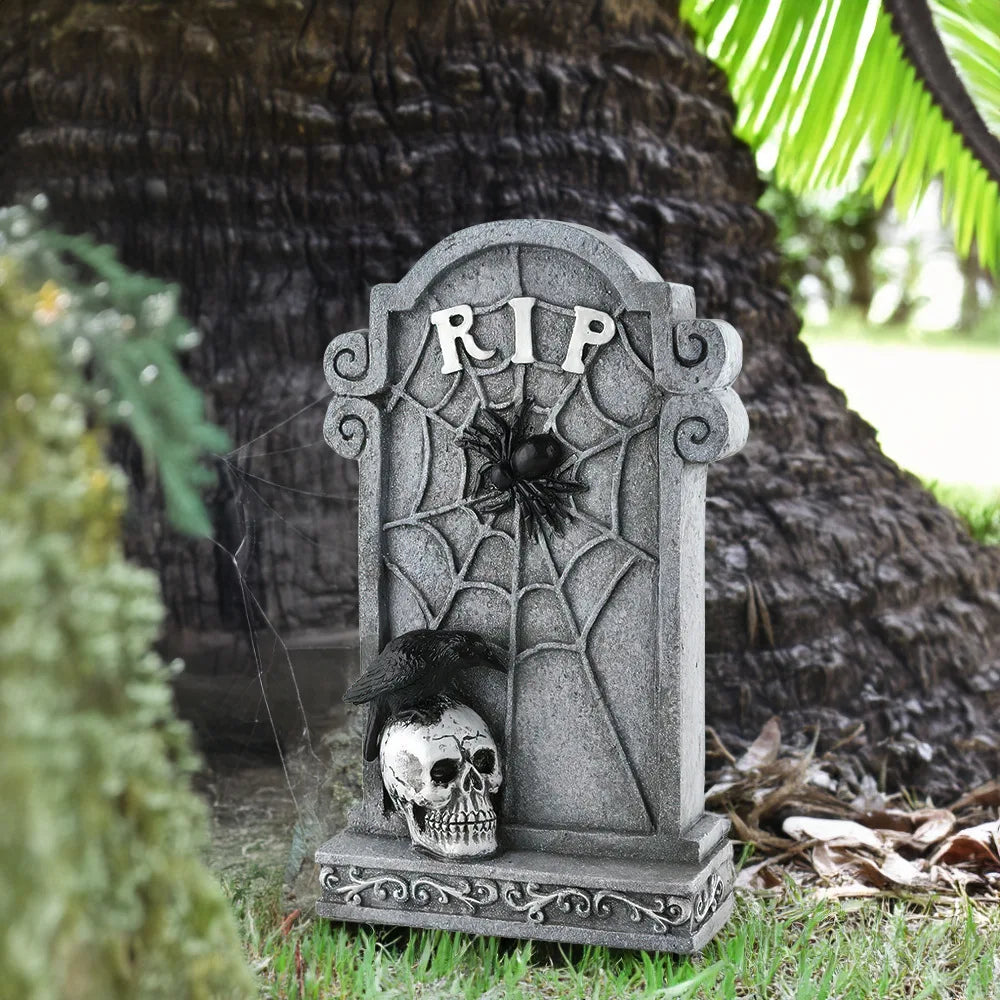 Grimslab Skull design RIP tombstone outdoors near a palm tree