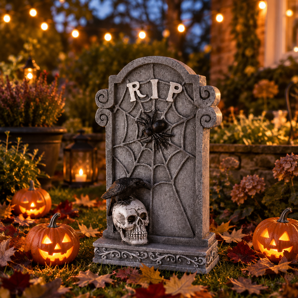 Grimslab Skull design RIP tombstone in a Halloween garden display with pumpkins and string lights at dusk