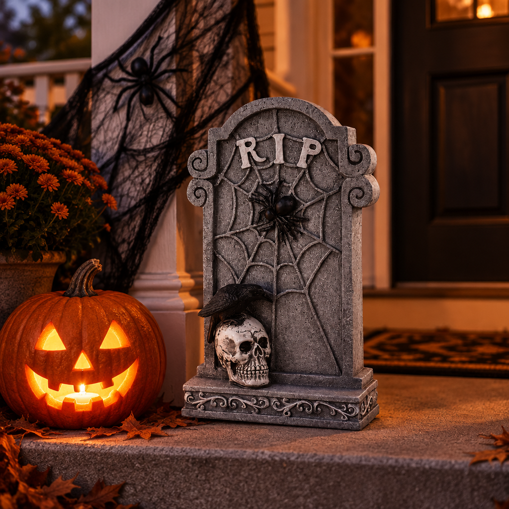 Grimslab Skull design RIP tombstone on a porch step with a lit jack-o-lantern and spiderweb decor