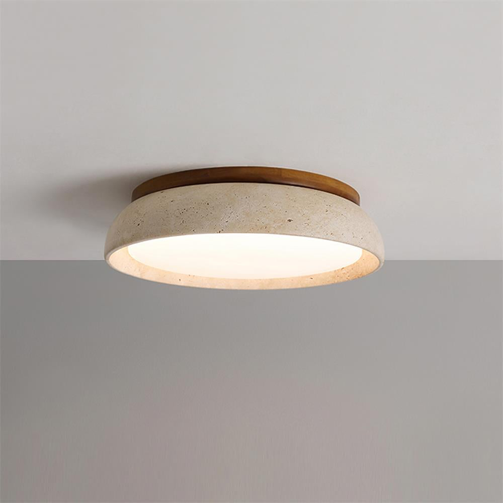 Modern round travertine and wood flush mount gugs ceiling light glowing warmly
