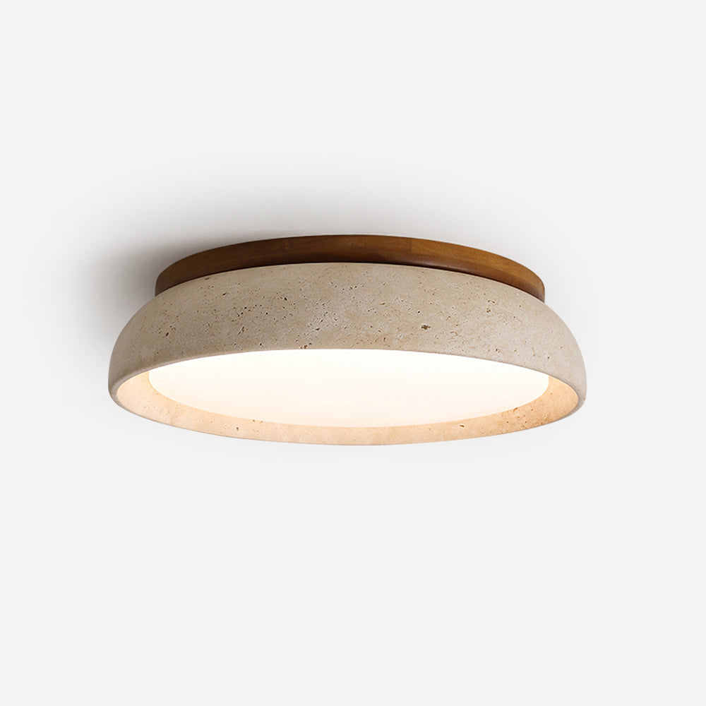 Isolated view of the natural travertine stone and solid wood gugs ceiling lamp