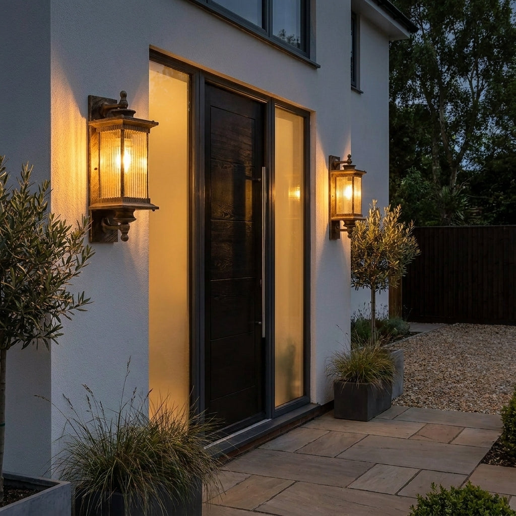 Gumzi exterior lantern wall lights either side of a home entrance at dusk