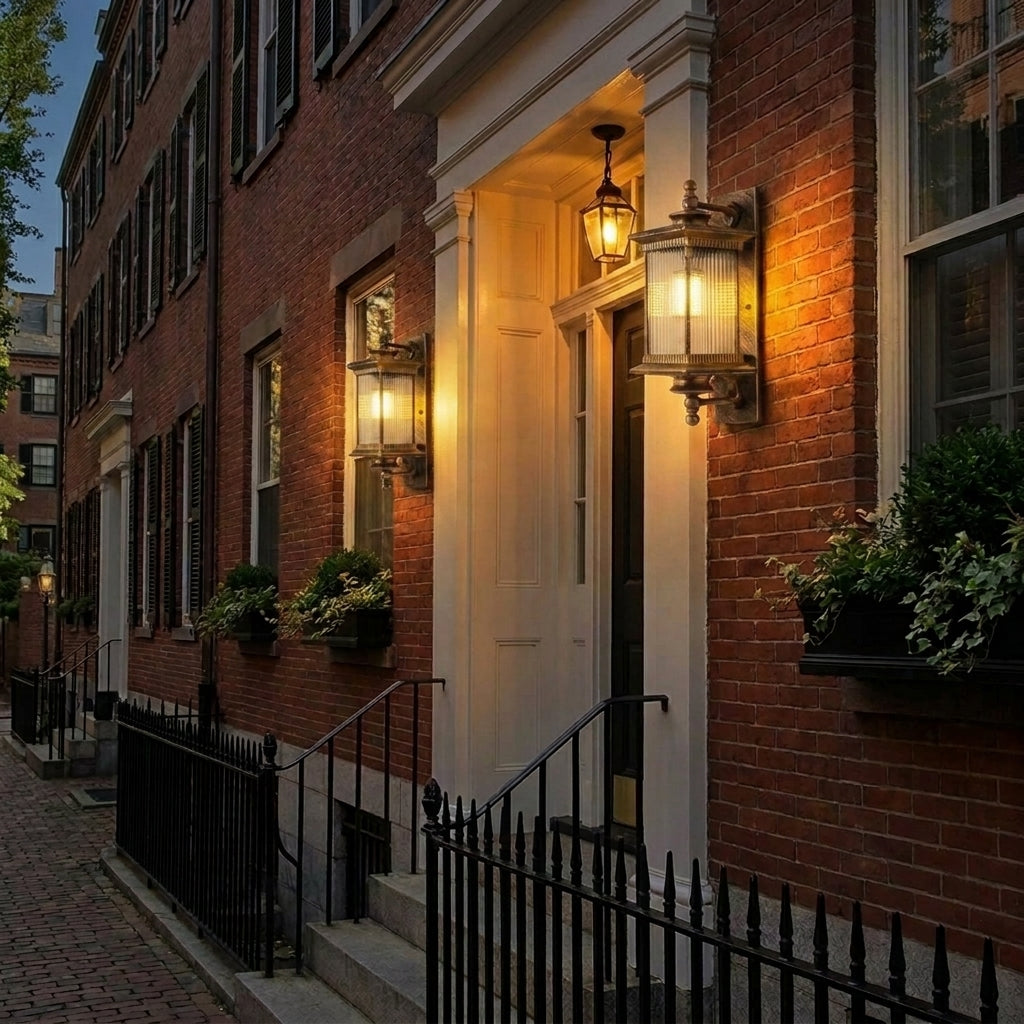 Gumzi bronze exterior lantern wall lights glowing on a row of houses at dusk