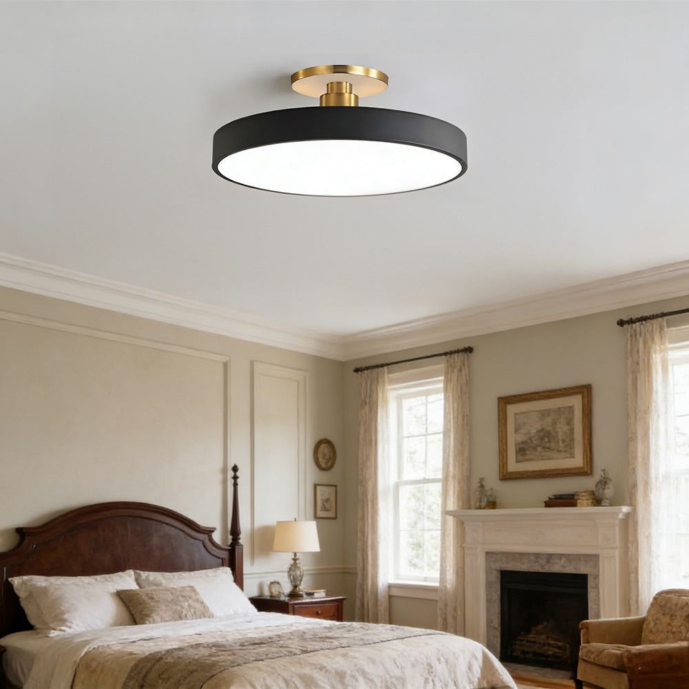 Modern black drum LED semi-flush mount guoj ceiling light illuminating a classic, elegant bedroom