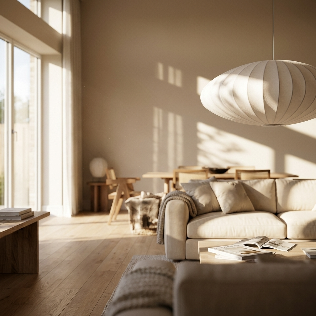 Handmade silk lantern pendant light casting a warm ambience in a spacious modern living room
