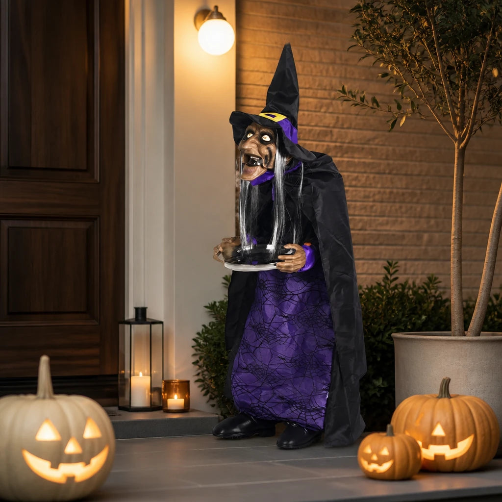 Hawley witch housekeeper version on a modern British brick porch with carved pumpkins