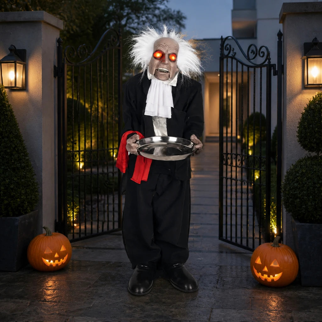 Hawley male butler housekeeper version at a modern British garden gate entrance at dusk