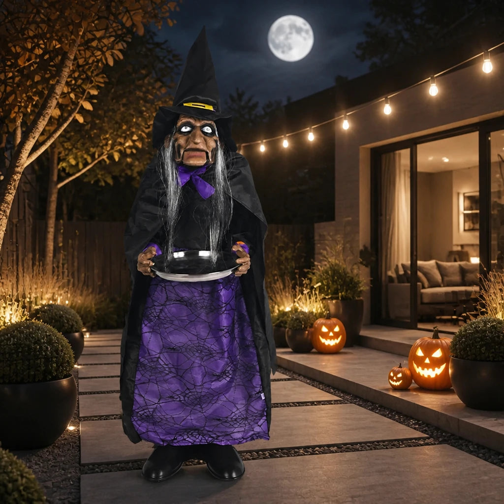Hawley witch housekeeper version in a modern British garden at night under a full moon with string lights
