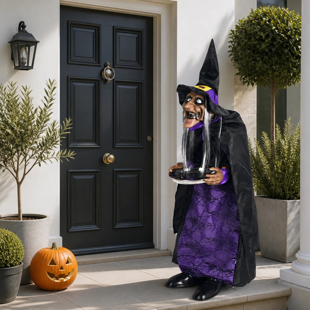 Hawley witch housekeeper version on a modern British front porch in daylight with a carved pumpkin