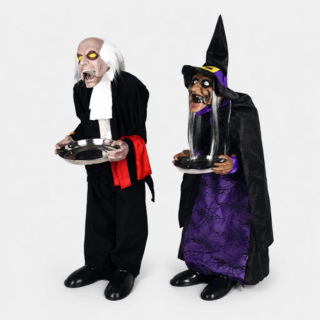 Hawley haunted butler and witch housekeeper props on a plain white studio background