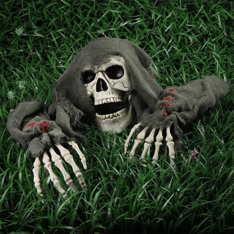 Hexen ghoul skull with open jaw close-up on grass