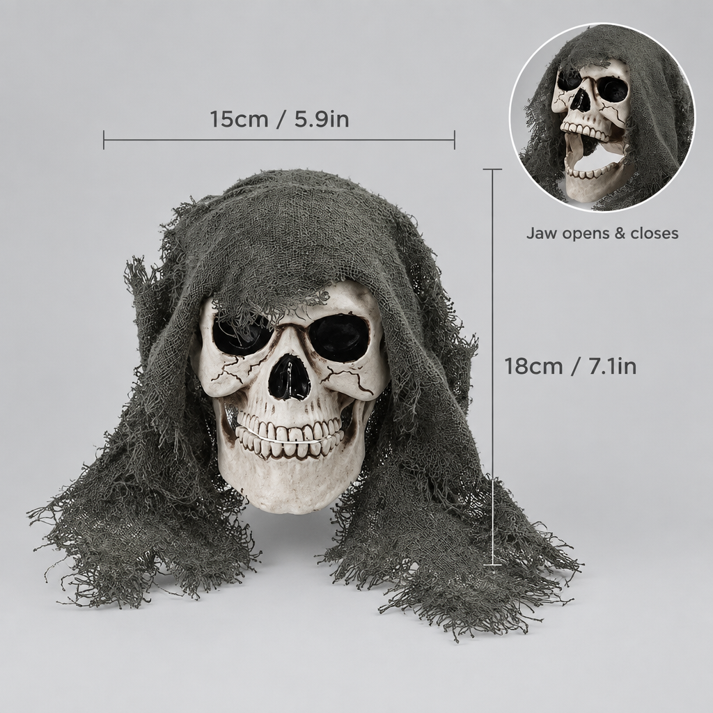 Hexen skull size infographic, 15cm wide x 18cm tall, jaw opens and closes