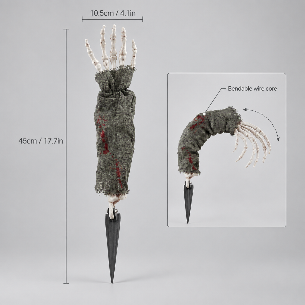 Hexen bendable arm size infographic, 45cm long x 10.5cm wide, bendable wire core