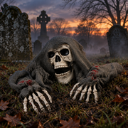 Hexen ghoul skull and arms staked in a misty British graveyard at dusk