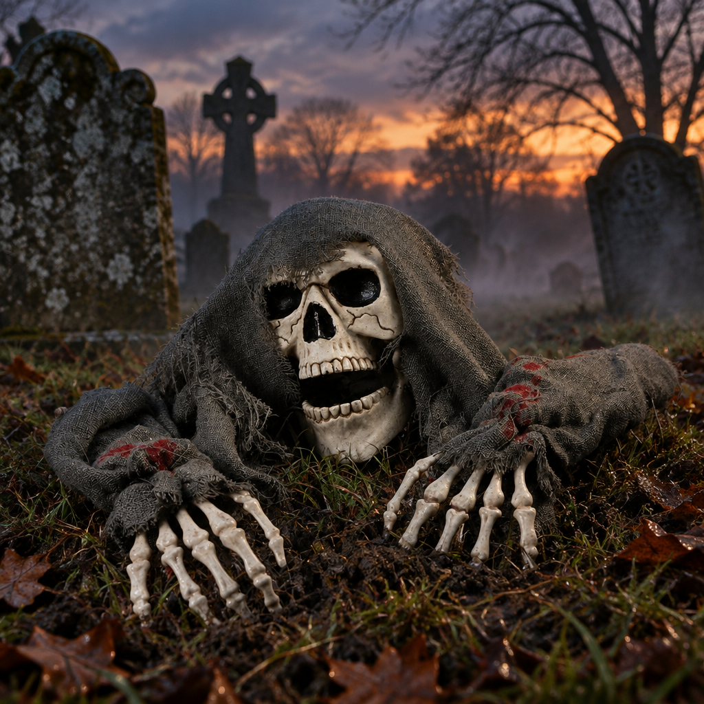 Hexen ghoul skull and arms staked in a misty British graveyard at dusk