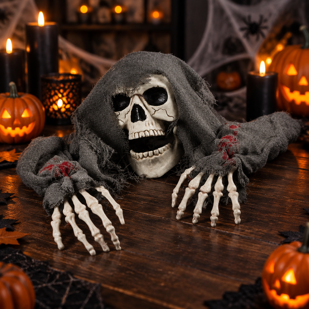Hexen ghoul skull and arms displayed on a table for an indoor Halloween party with pumpkins and candles