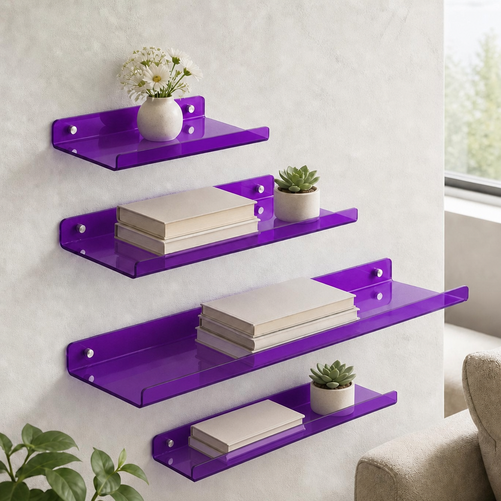 Cleft acrylic floating wall shelf - Purple - Set of 4