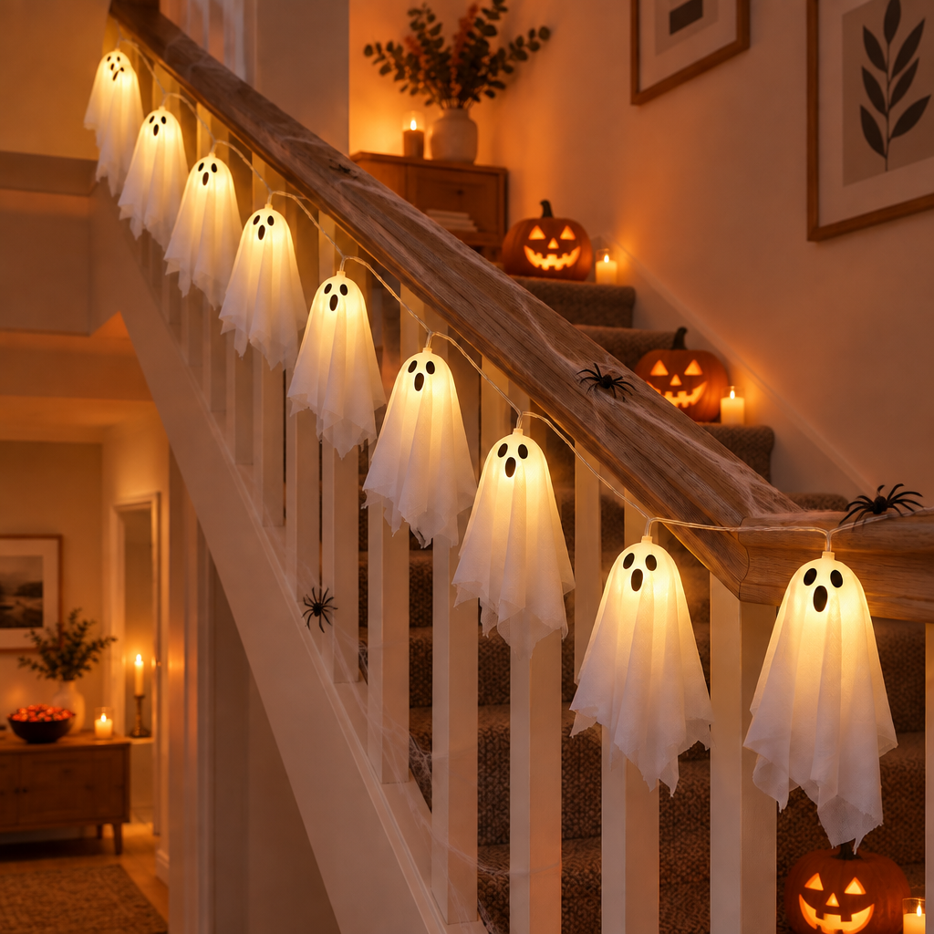Phantasm ghost string lights on a staircase bannister at a Halloween party, with jack-o-lanterns, candles and cobwebs