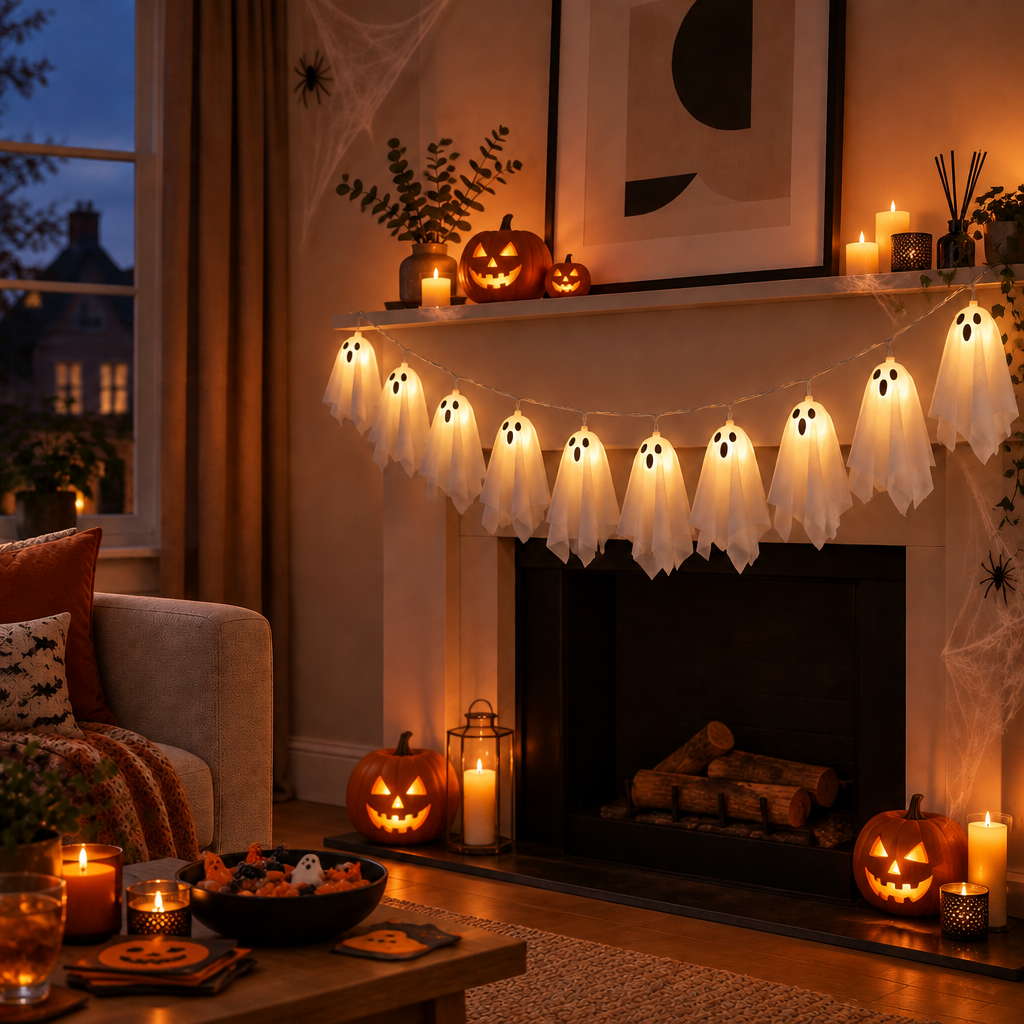 Phantasm ghost string lights on a fireplace mantel at a Halloween party, with jack-o-lanterns, candles and treats