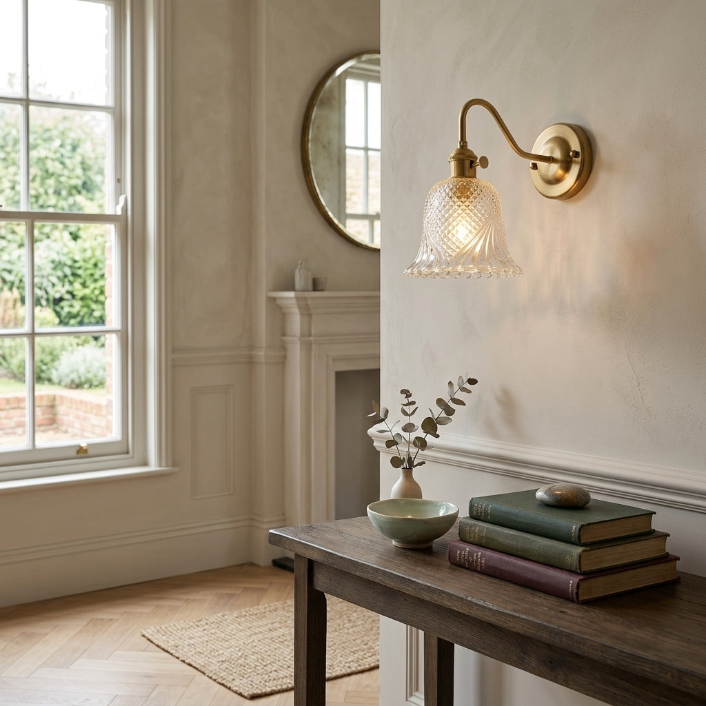 Hivqa wall sconce mounted near a window in a hallway with round mirror