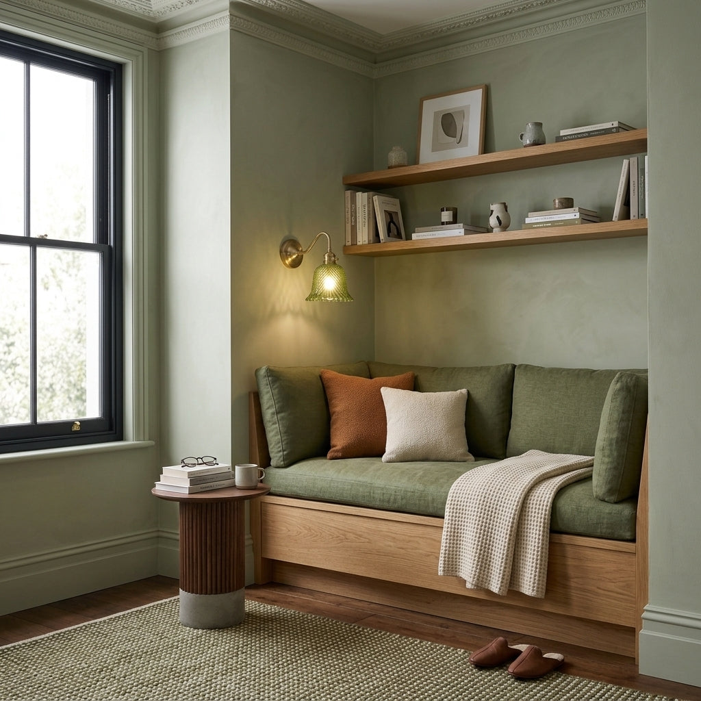 Hivqa wall sconce mounted in a living room reading nook with green cushions