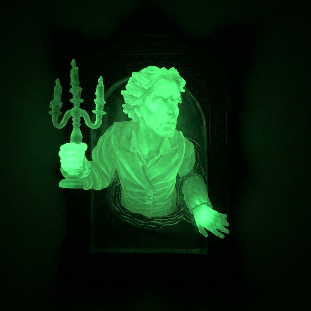 Hownd ghost-in-frame wall plaque, Man design with candelabra, glowing bright green in the dark