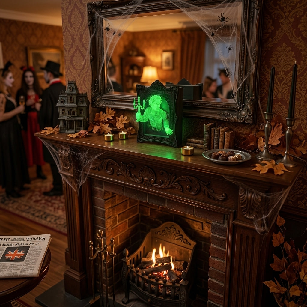 Hownd Man design glowing green on a fireplace mantel at a Halloween gathering