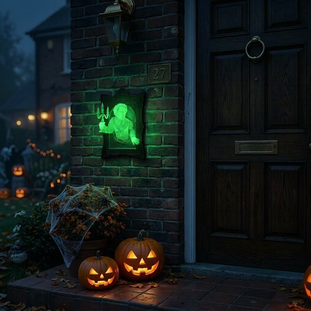 Hownd Man design glowing green on a front door at night, Halloween porch decor