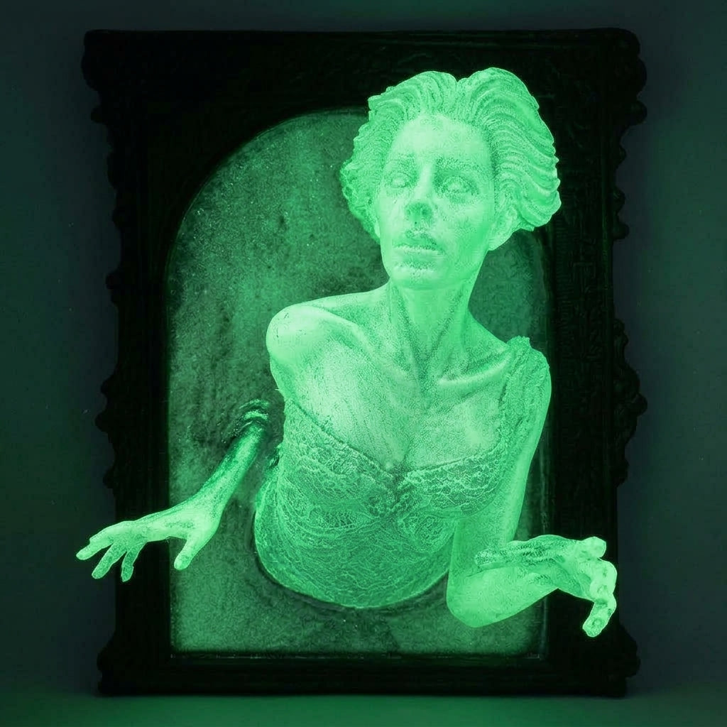 Hownd ghost-in-frame wall plaque, Woman design, glowing bright green in the dark