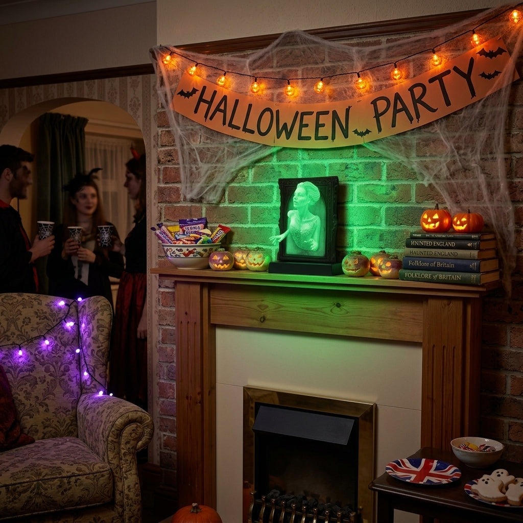Hownd Woman design glowing green on a mantelpiece at a Halloween party