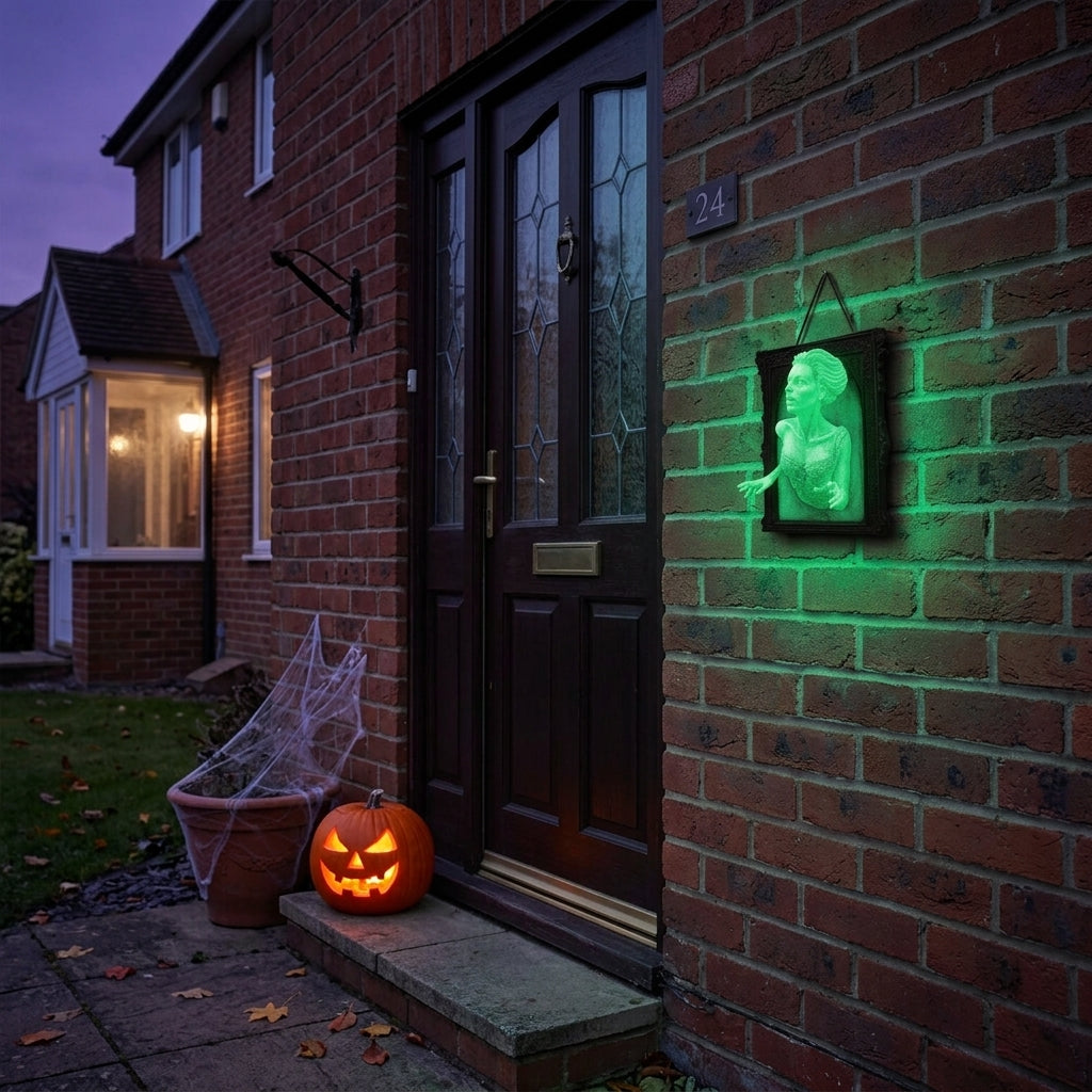 Hownd Woman design glowing green on a front door at night, Halloween porch decor