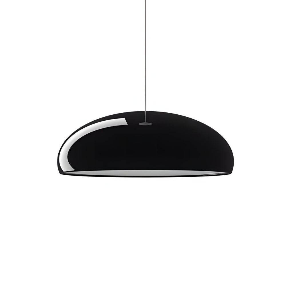Glossy black Bauhaus acrylic dome huhs pendant light with a smooth, minimalist mid-century design