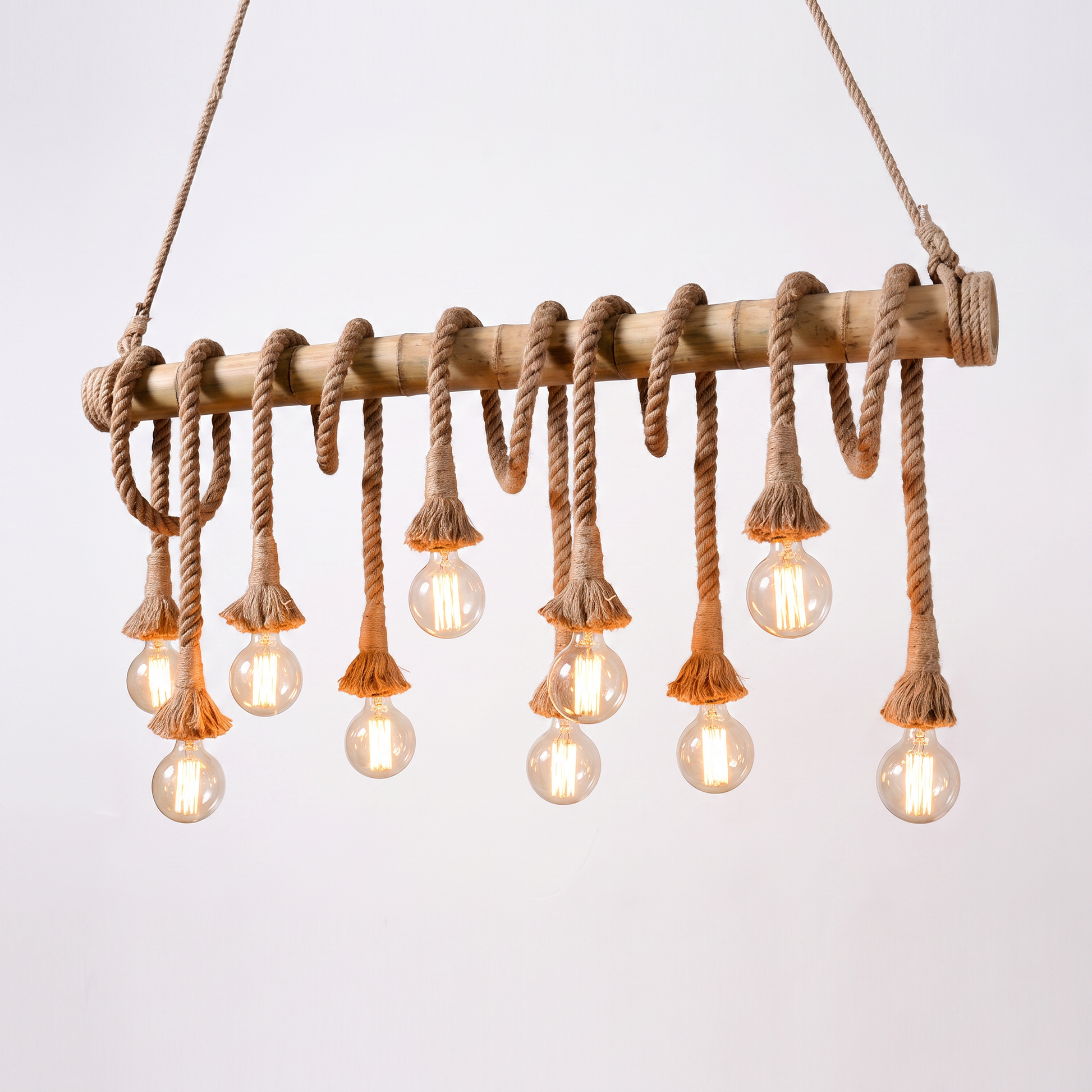 Hukni rustic bamboo and rope chandelier, 10-head configuration, hero shot on white background