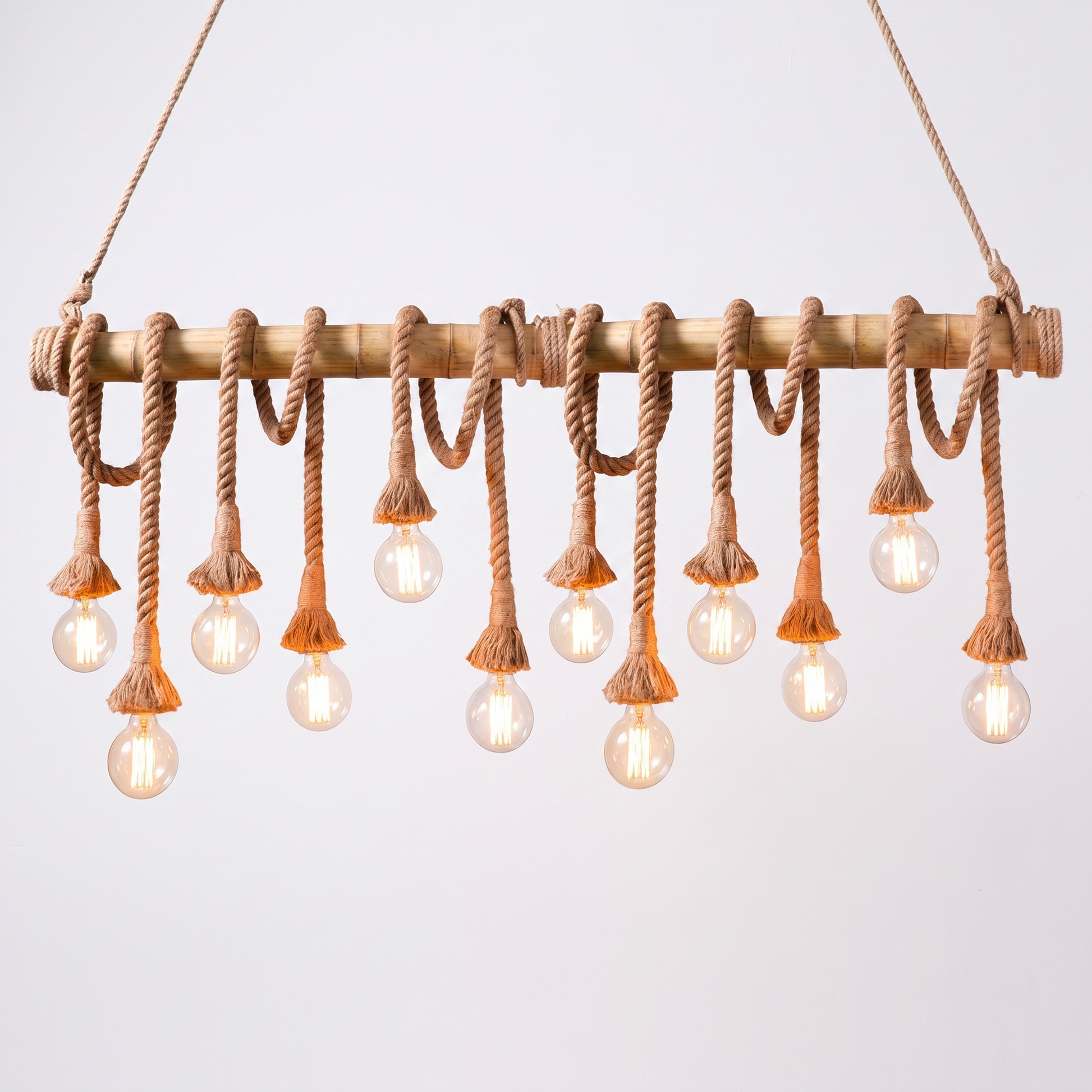 Hukni rustic bamboo and rope chandelier, 12-head configuration, hero shot on white background