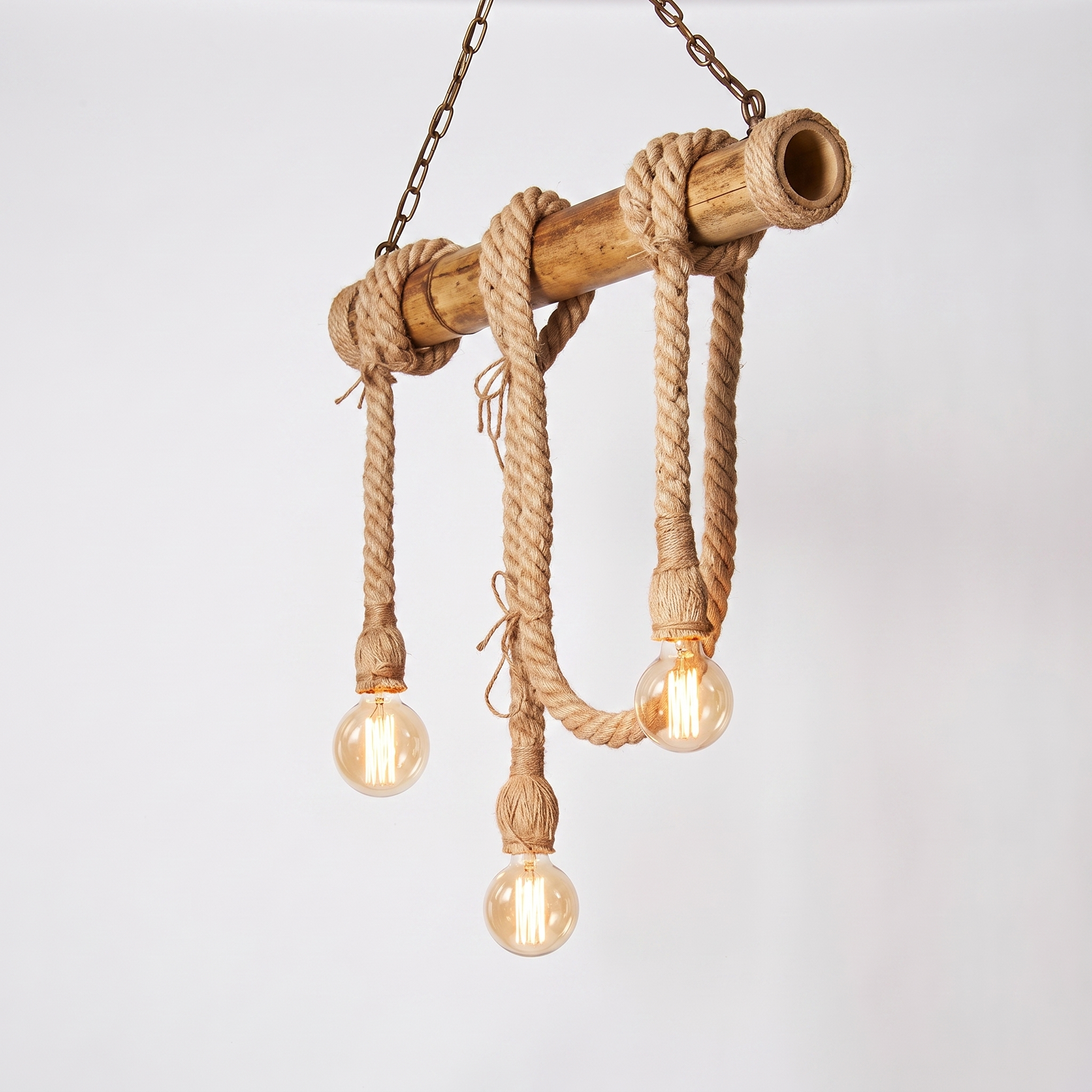 Hukni rustic bamboo and rope chandelier, 3-head configuration, hero shot on white background