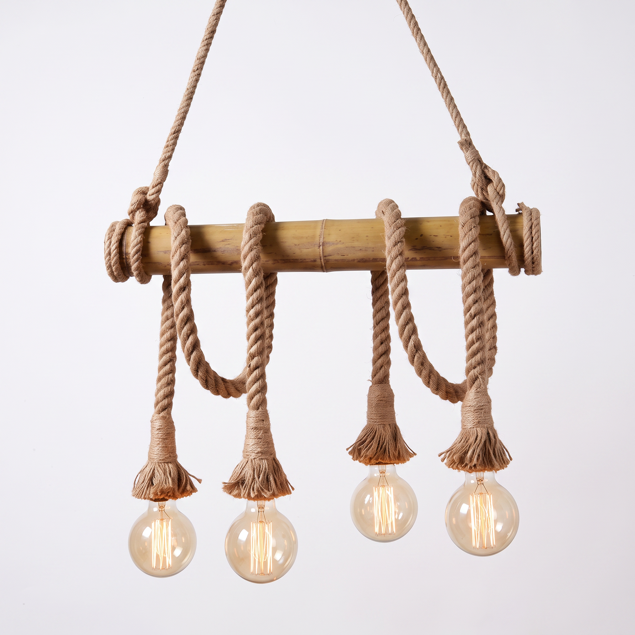Hukni rustic bamboo and rope chandelier, 4-head configuration, hero shot on white background