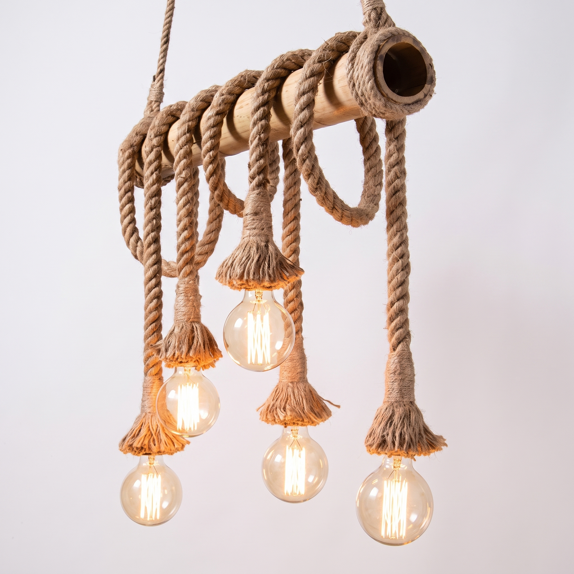 Hukni rustic bamboo and rope chandelier, 5-head configuration, hero shot on white background