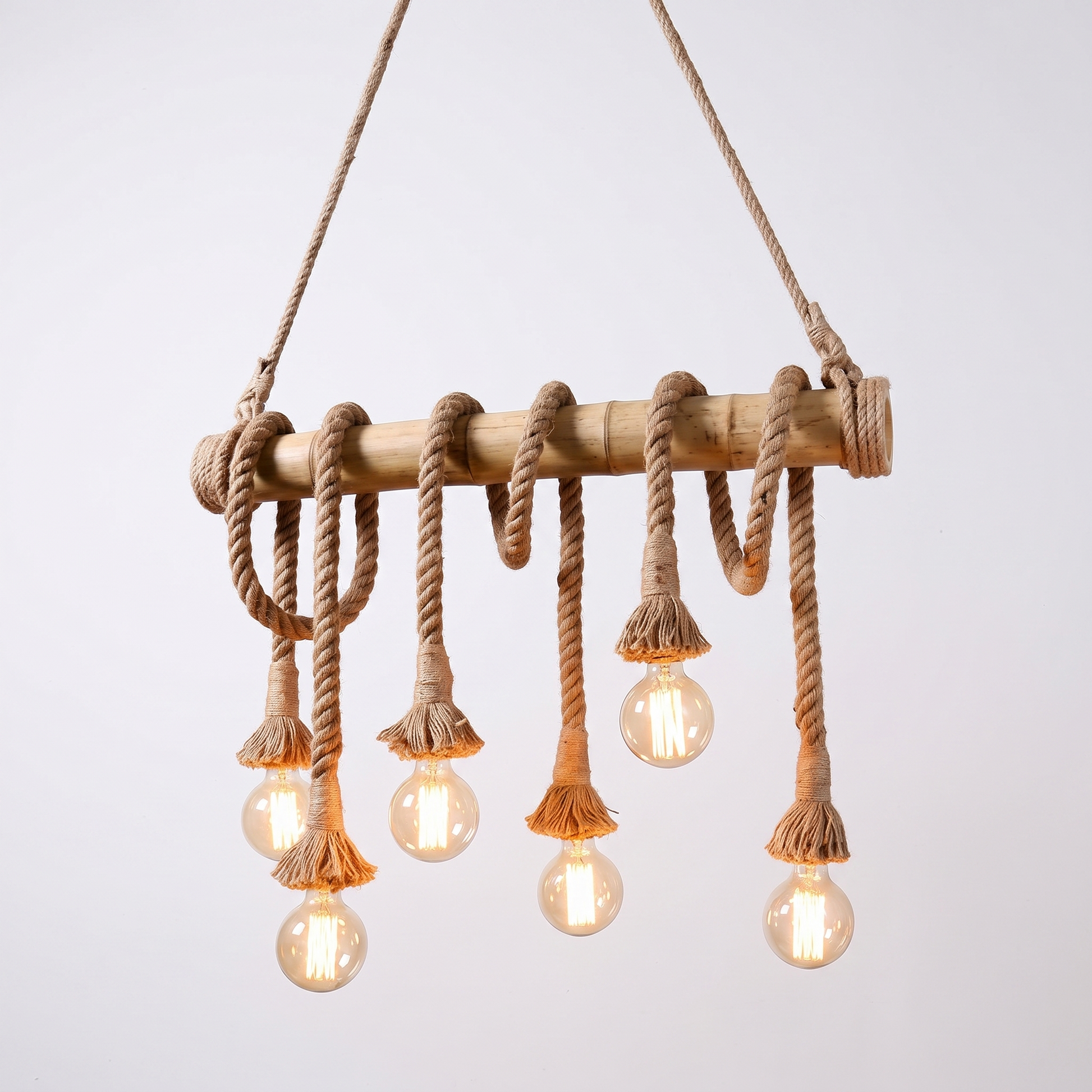 Hukni rustic bamboo and rope chandelier, 6-head configuration, hero shot on white background